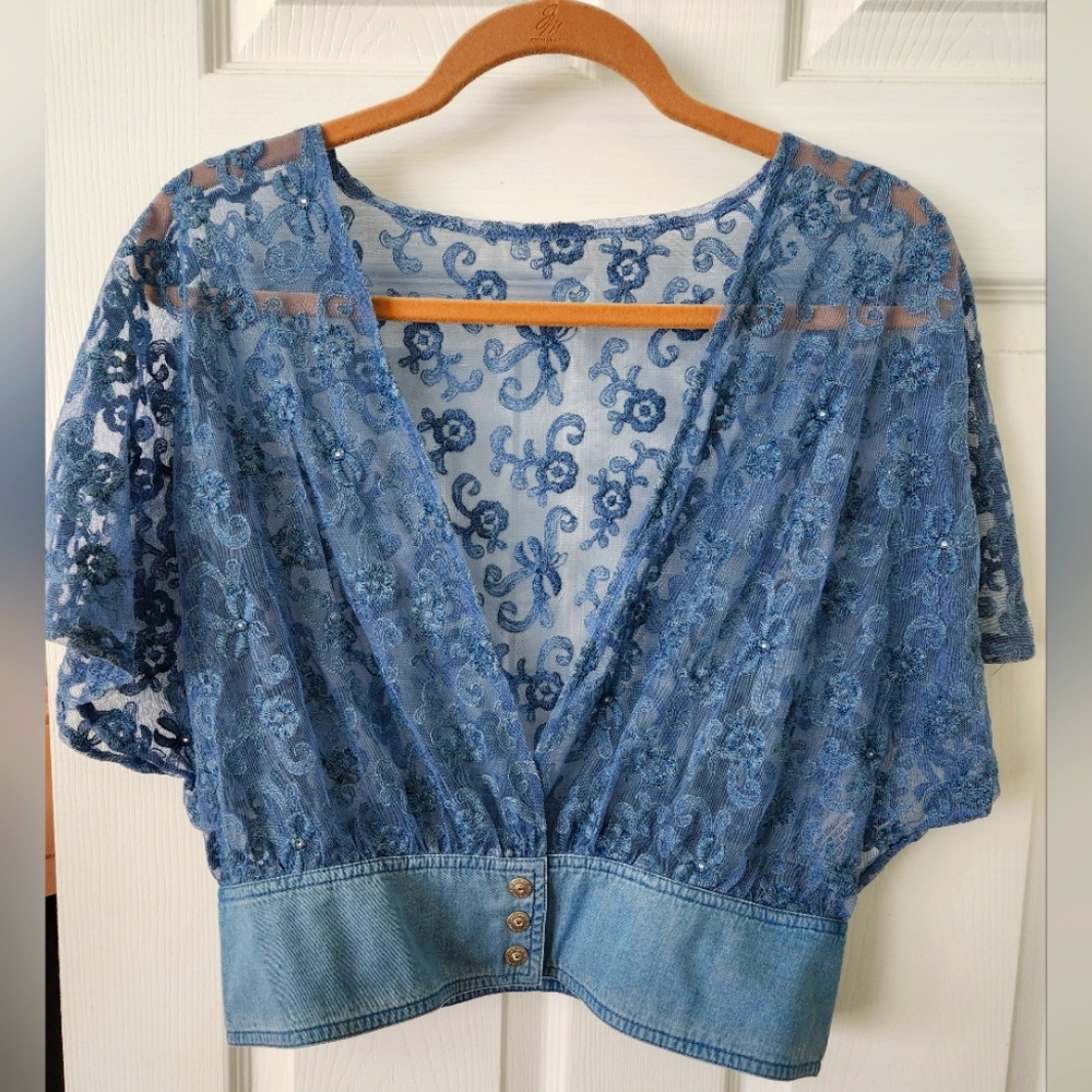 Lafei*Nier cropped denim/lace/mesh jacket sz L
